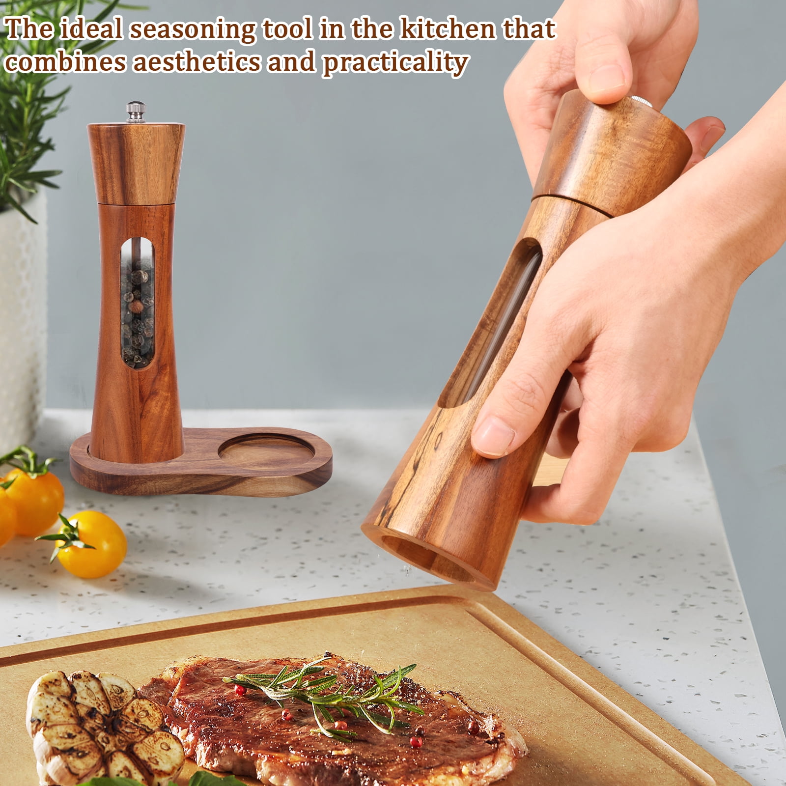 2 Pcs Wood Salt and Pepper Grinder Set Adjustable Coarseness Salt and Pepper Mill with Brush and Spoon for Home Kitchen Dining Room