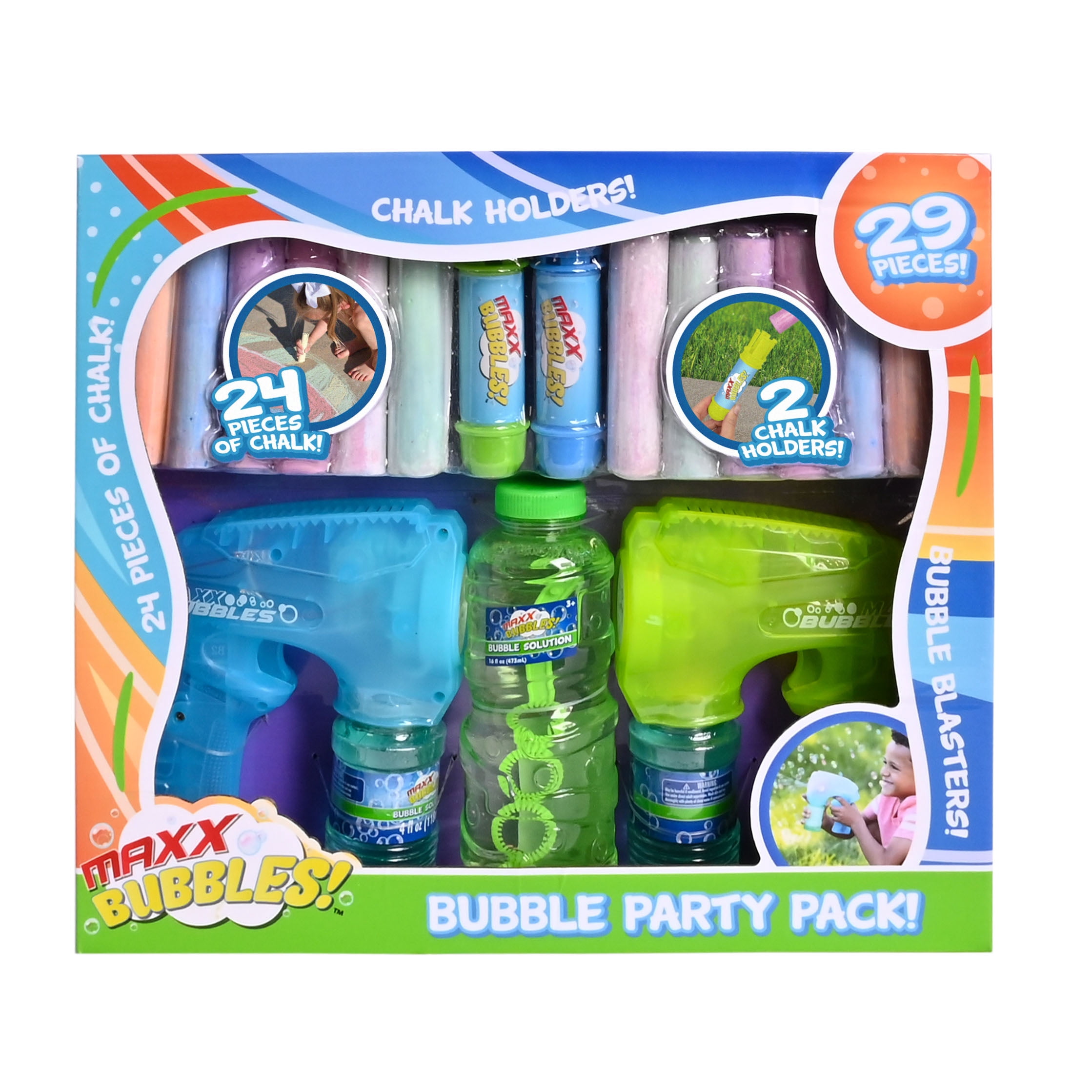 Maxx Bubbles Bubble Party Pack with 2 Blasters, 16oz Refill, and 24 Sidewalk Chalks for Ages 3 and Up