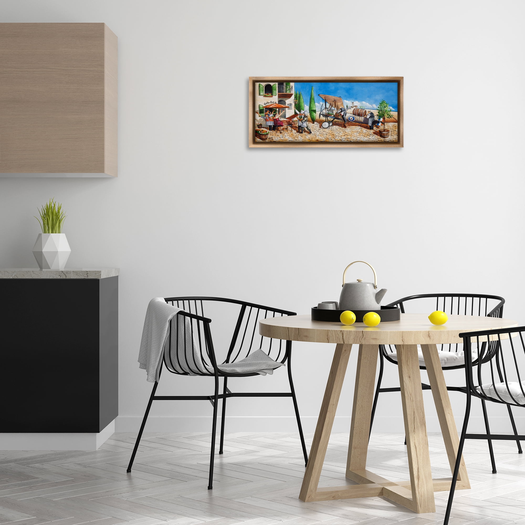 Stupell Industries Café & Airplane Scene Scenery Painting Brown Floater Framed Art Print Wall Art, 25 x 11