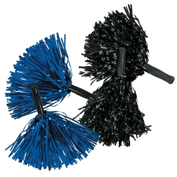Fun Express 10" Metallic Blue & Black Team Spirit Cheer Foil Pom-Poms - 24 Pieces