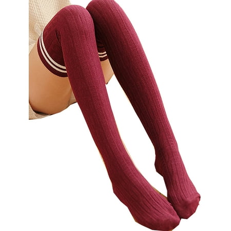 

CenturyX Women s Knit Cotton Over The Knee Long Socks Striped Thigh High Stocking Socks Winter Warm Leg Warmers Red ONE SIZE