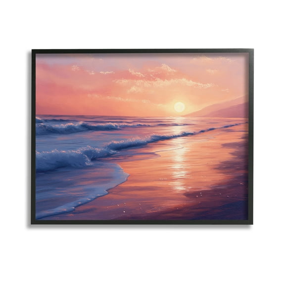 Stupell Industries Sunset over Beach Waves Landscape Photography Black Framed Art Print Wall Art, 14 x 11