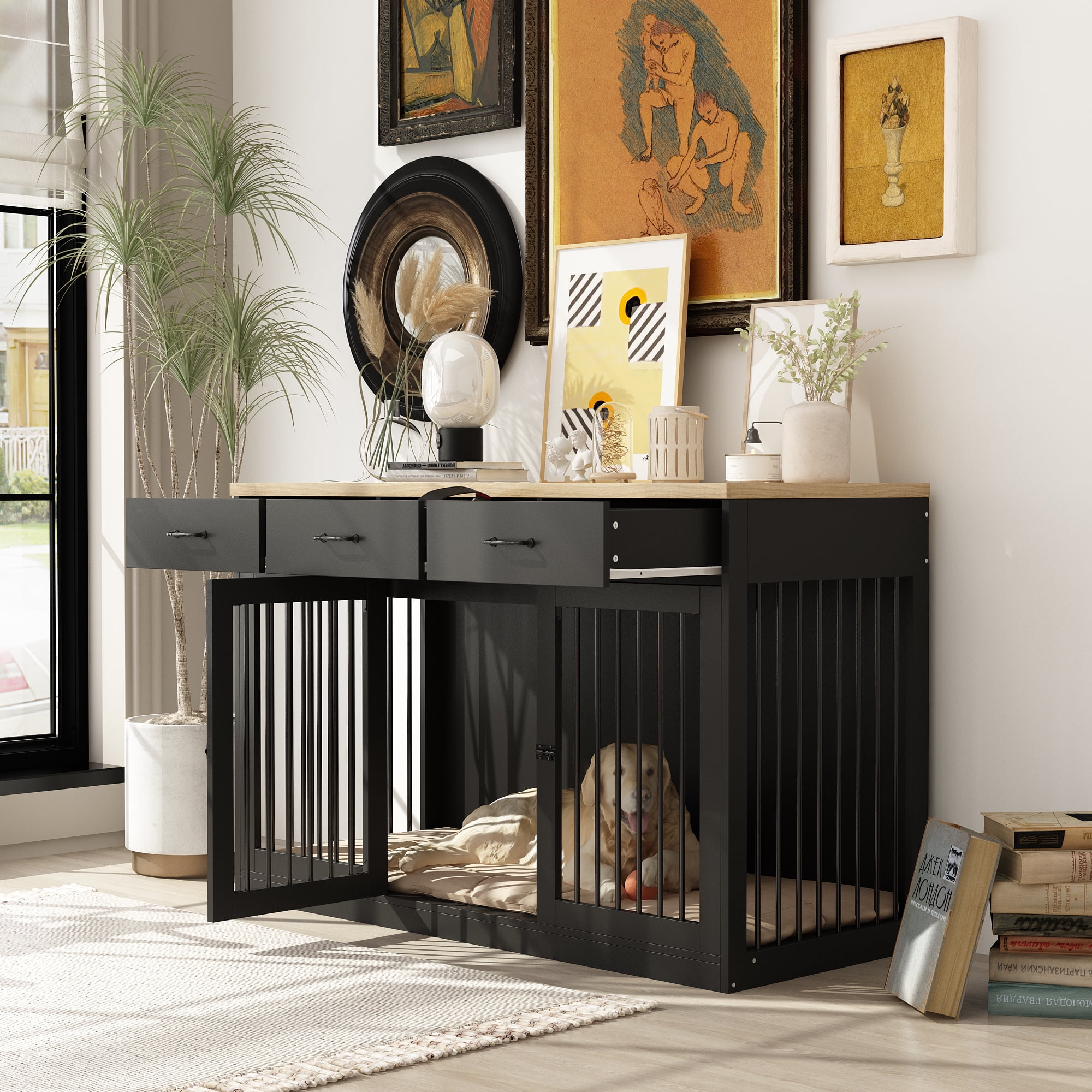 NARTRU 55.3" Dog Crate Kennel Cage Furniture with 3 Drawers for Small, Medium and Large Dog, Black