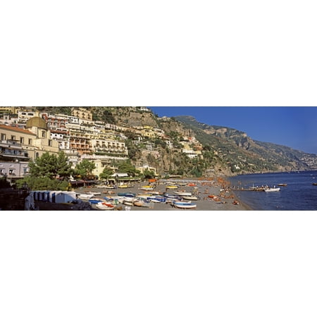 Houses In The Village On A Hill Spiaggia Di Marina Grande Positano Amalfi Coast Italy Stretched Canvas Panoramic Images 27 X 9