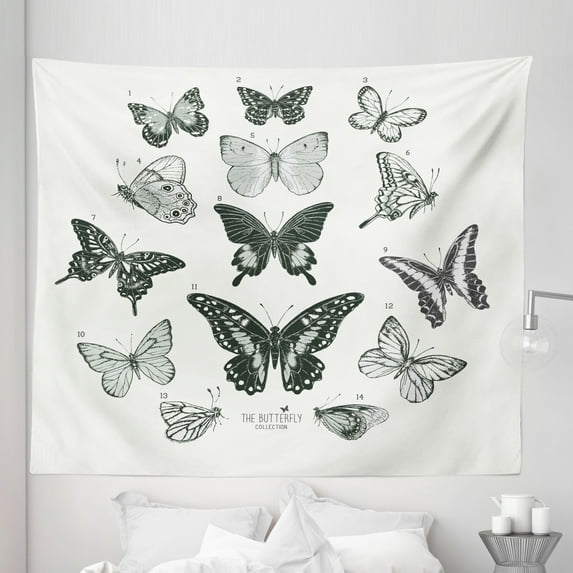 Animal Tapestry, Spring Arrangement of Hand Drawn Butterflies Modern Realistic Art, Fabric Wall Hanging Decor for Bedroom Living Room Dorm, 5 Sizes, Black Grey and White, by Ambesonne