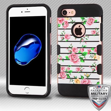 MyBat Brushed TUFF Trooper Hybrid Protector Cover [Military-Grade Certified] for Apple iPhone 8/7 - Pink Fresh Roses(Rose Gold) / Black