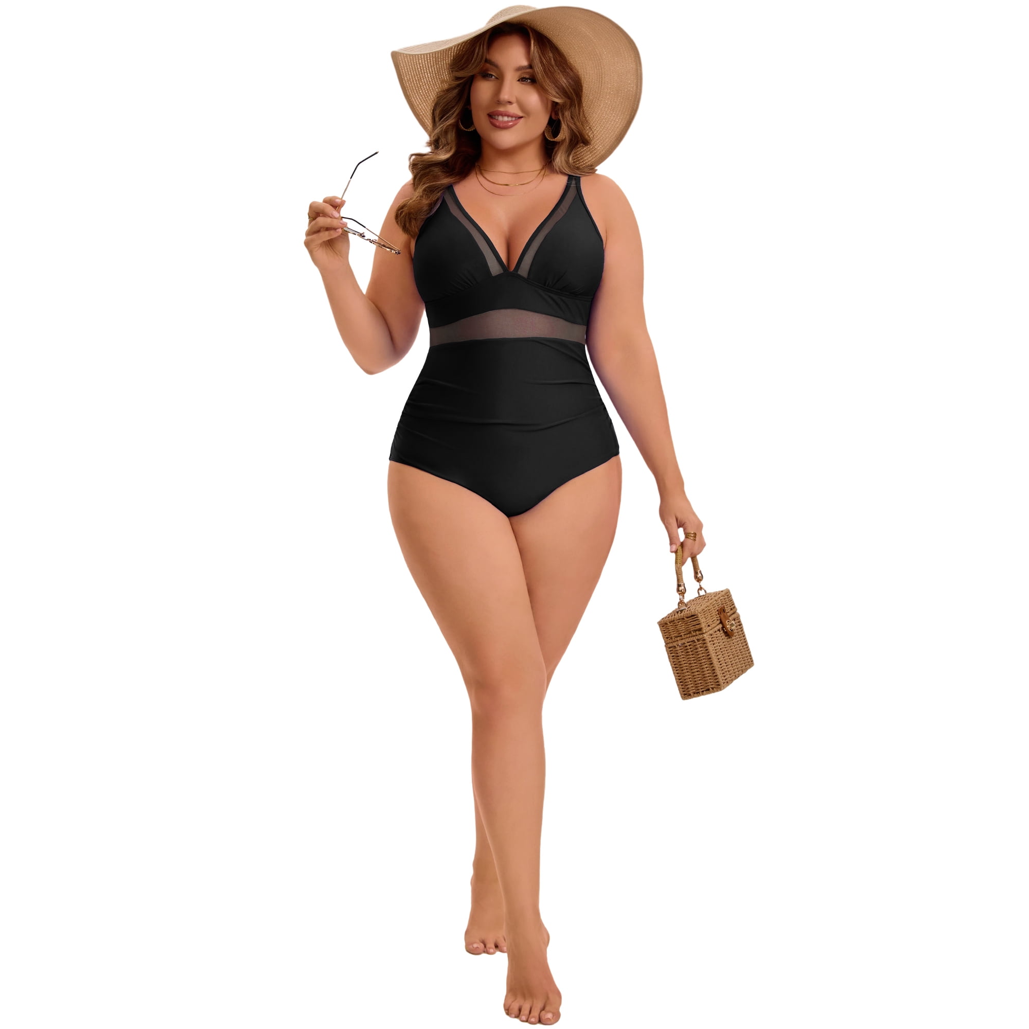 DARING DIVA Women's Plus Swimsuit Mesh V Neck Bathing Suit 4X Black