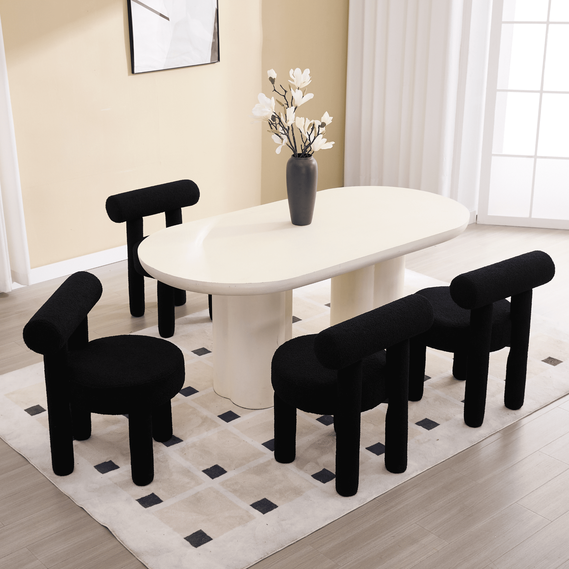 Guyou Boucle Dining Chairs - Set of 6, Modern Upholstered Kitchen Chairs with Sherpa Open Back, 21.5" Wide Armless Side Chairs for Dining Room, Black