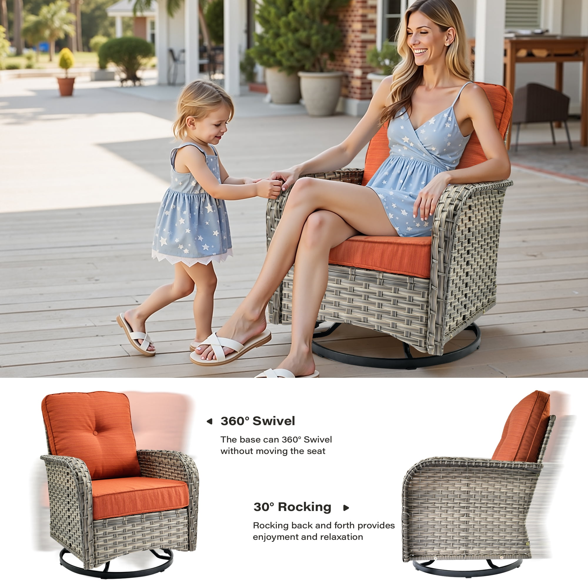 Toject 11 Pieces Patio Furniture Set All Weather Wicker Outdoor Conversation Set with 54" Fire Pit Outside Furniture Patio Sofa with Swivel Chairs & Solar Table, Coarse Orange Red