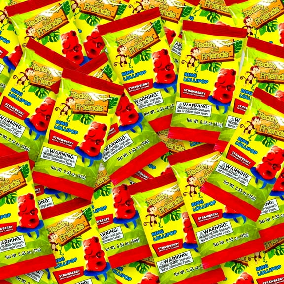 Teddy Pop and Friends Strawberry Ring Lollipops – 30 Count, Individually Wrapped, Ideal for Birthday Parties, Gift Bags, and Piñatas