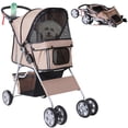 thumbnail image 1 of PawHut 4 Wheel Dog Pet Stroller Dog Cat Carrier Folding Sunshade Canopy with Brake, Safety Leash, Cup Holder, Brown, 1 of 9