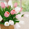 thumbnail image 5 of Morttic 24pcs Artificial Tulips Flowers Fake Faux PU Tulip Bouquet Real Touch Flowers Table Arrangement for Home Room Office Party Wedding Decoration (Pink and White), 5 of 9