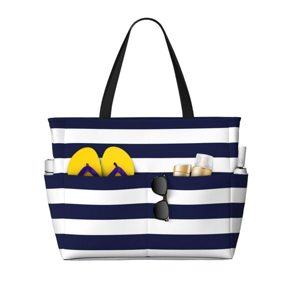 Large Beach Bags Water-resistant Sandproof - Navy Blue And White Stripes Cute Beach Tote Bags for Women with Zipper