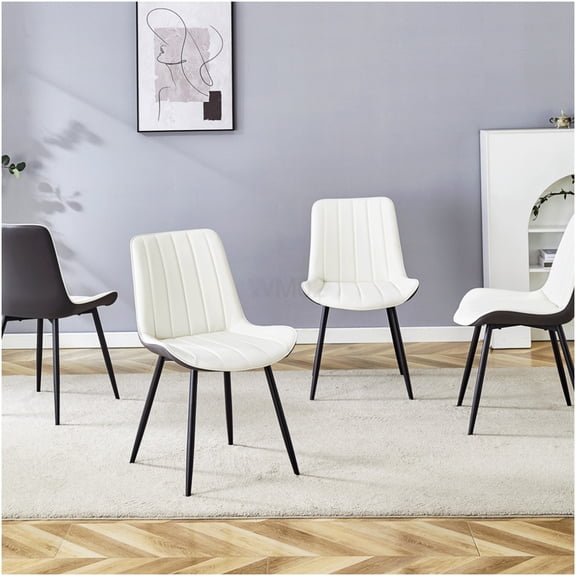 Modern PU Leather Dining Chairs Set of 4 with Cross Metal Legs, Two-Tone Gray and White Upholstered Side Chairs for Kitchen, Dining Room, Office