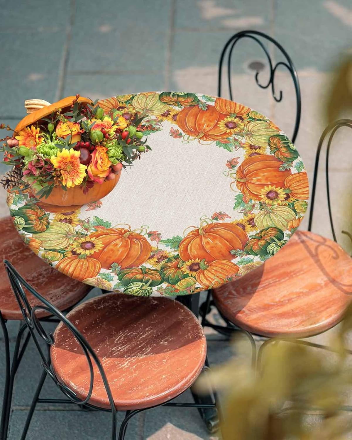 Round Fitted Tablecloth Elastic Edged Table Cover,Thanksgiving Fall Seamless Pumpkin Waterproof Wipeable Table Cloths for Kitchen Dining Party Fit up 36-44in Tables,Watercolor Maple Leaves on Burlap