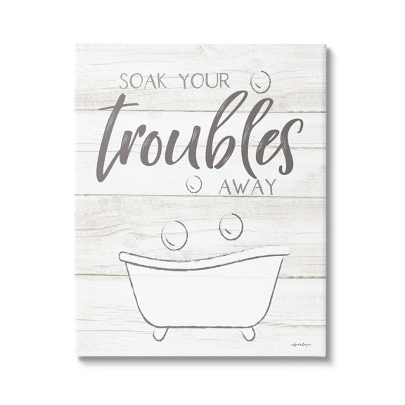 Stupell Industries Soak Your Troubles Away Bathroom Quote Grain Design Graphic Art Gallery-Wrapped Canvas Print Wall Art, 36x48, by Susie Boyer