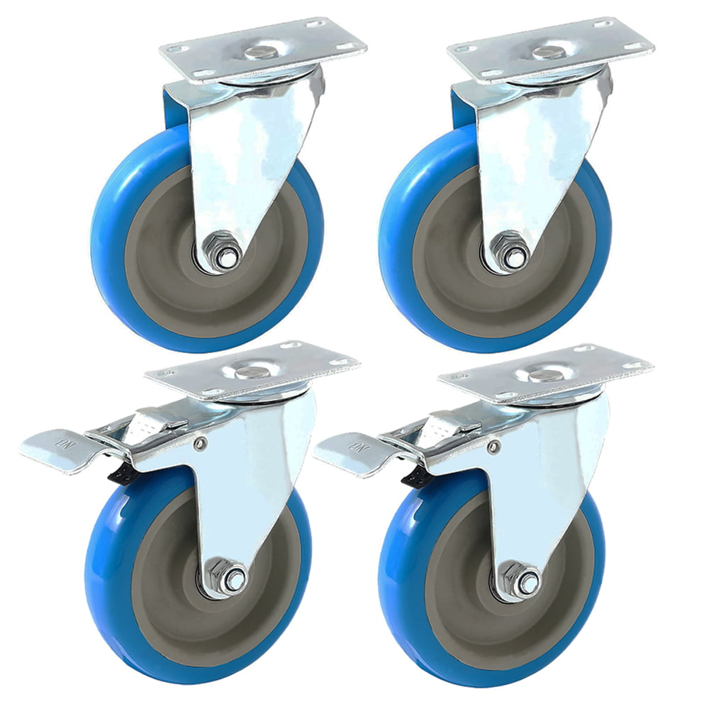 4 Pack Caster Wheels Swivel Plate On Blue Polyurethane w/ Screws 5" w/ Brake 