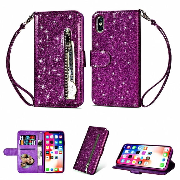 Allytech iPhone XR Case 2018 Released, Premium PU Leather Slim Lightweight Glitter Kickstand Wallet Case with Cards Slots Zipper [Hand Strap] Protective Cover for Apple iPhone XR 6.1", Purple