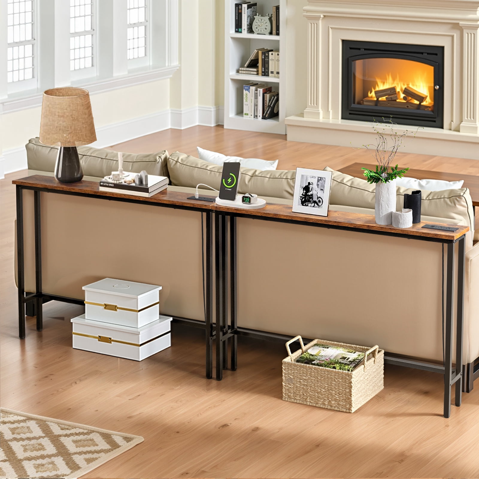 2 Pack 39.4" Narrow Console Sofa Table with Power Outlets and USB Ports, Long Couch Table with Metal Frame and Charge Station with 4.9ft Extension Cord, Rustic Brown