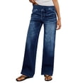 thumbnail image 2 of Women's Denim Wide Leg Pants with Pockets, Mid Waisted Elastic Loose Fit Casual Jeans for Women, Soft Stretchy Everyday Wear Walking Lounge Trousers Denim Pants | UKHCCC,Dark Blue M, 2 of 8