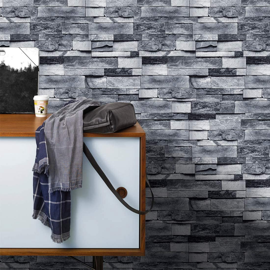 Peel and Stick Faux Brick Stone Wallpaper 17.7in x 19.7ft Gray Vinyl Self Adhesive Decorative