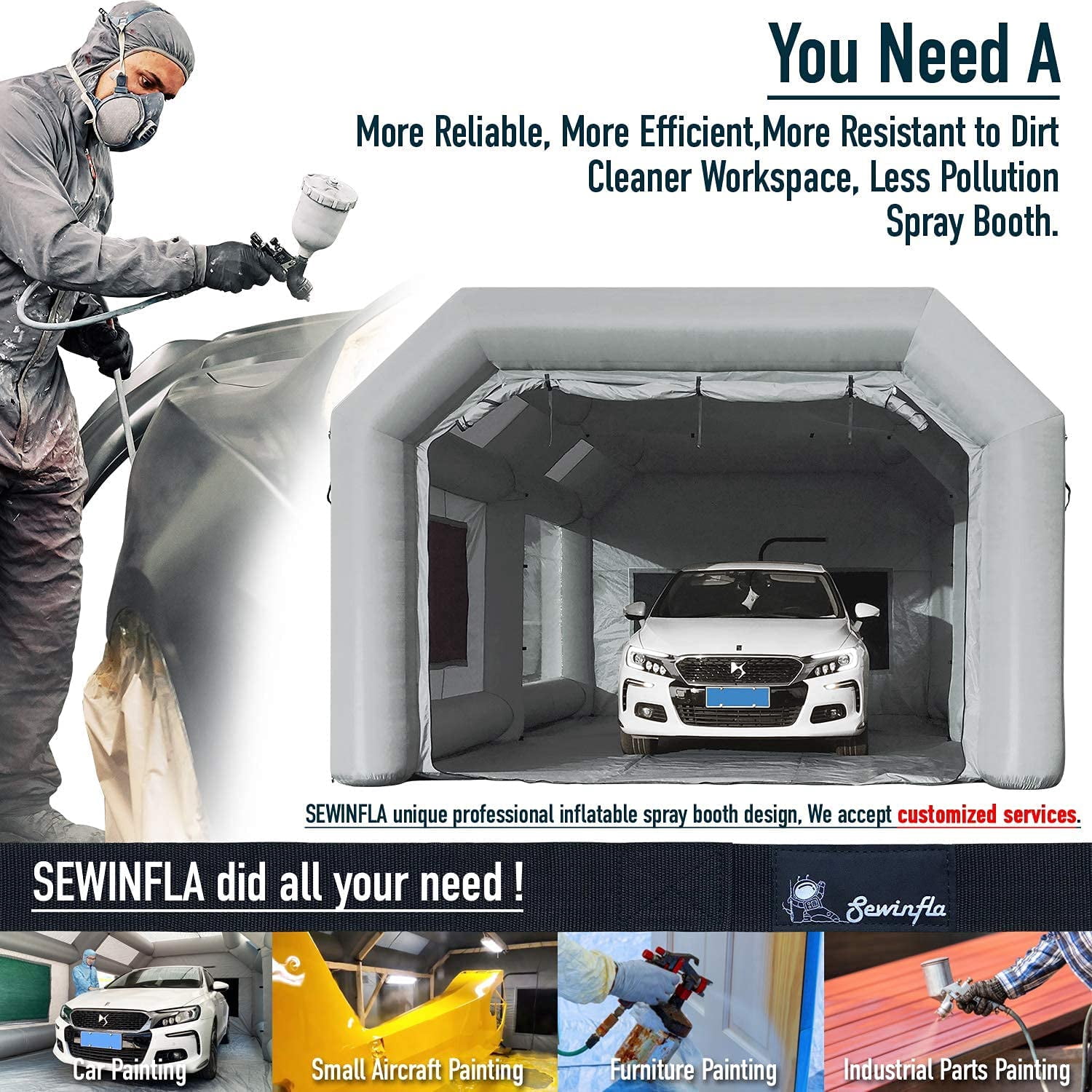 Sewinfla Indoor Inflatable Paint Booth with Air Draft Device 26x15x10Ft with Blowers