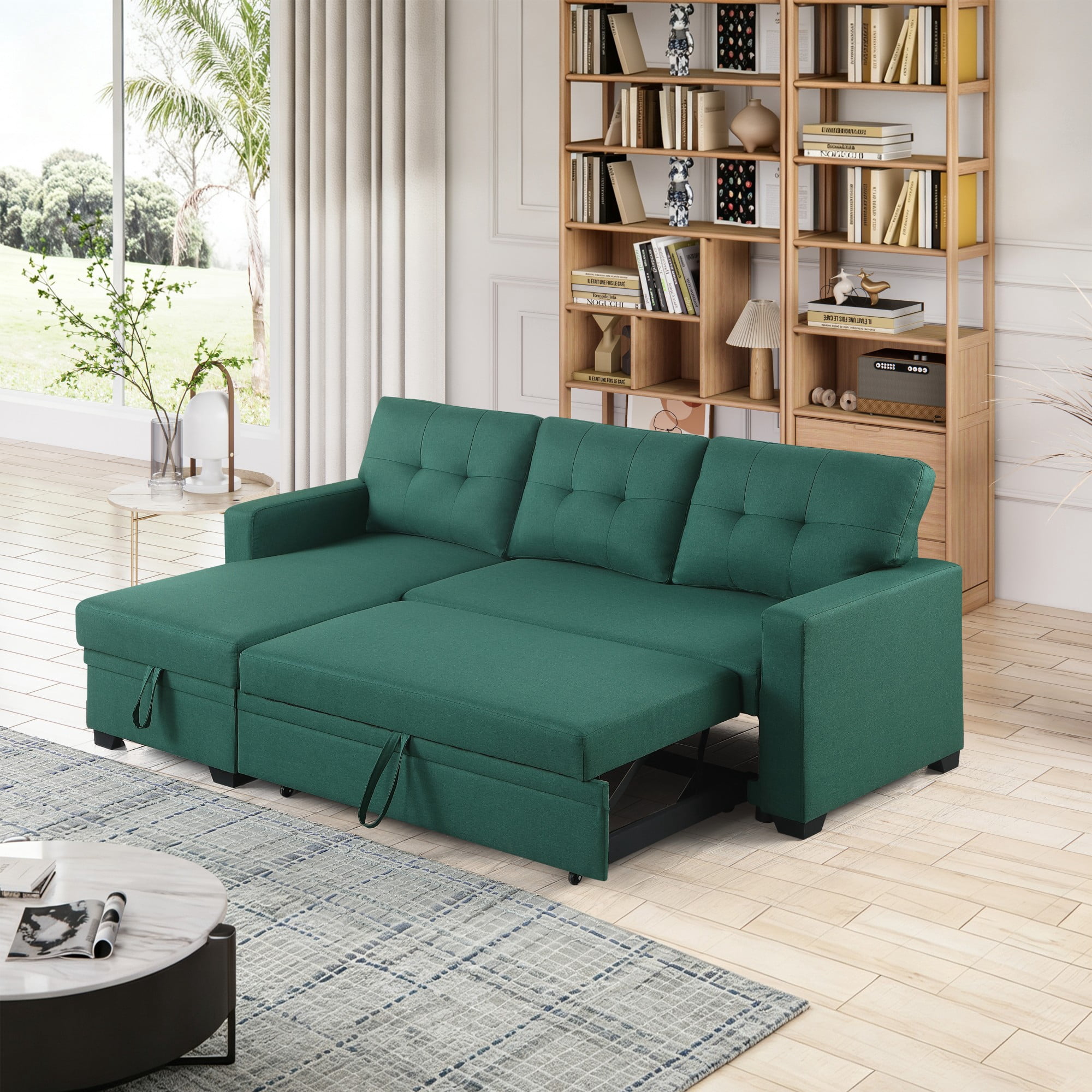 BSHTI 82" 3-Seat Linen Pull Out Sectional Sleeper Sofa with Storage Chaise, Removable Back Cushions for Living Room（Green）