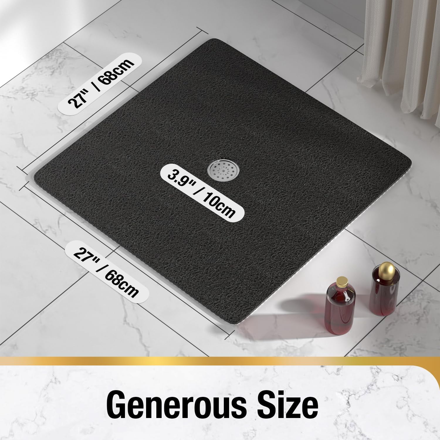 Square Shower Mat  27 X 27 Inch Non Slip Bath For Tub Soft Pvc Loofah Bathtub Mats With Drain Holes Quick Drying Bathroom Stall Floor Accessories Without Suction Cup Black