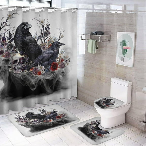 Rustic Viking Mythological Symbol 4 Pieces Shower Curtain Set, Cool Watercolor Nordic Viking Theme Raven Print Non-Slip Rugs Toilet Lid Cover Bath Mat and Bathroom Curtain