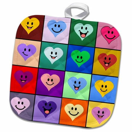 

3dRose Happy heart squares pattern - colorful rainbow smiley face hearts Cute multicolor multicolored love - Pot Holder 8 by 8-inch
