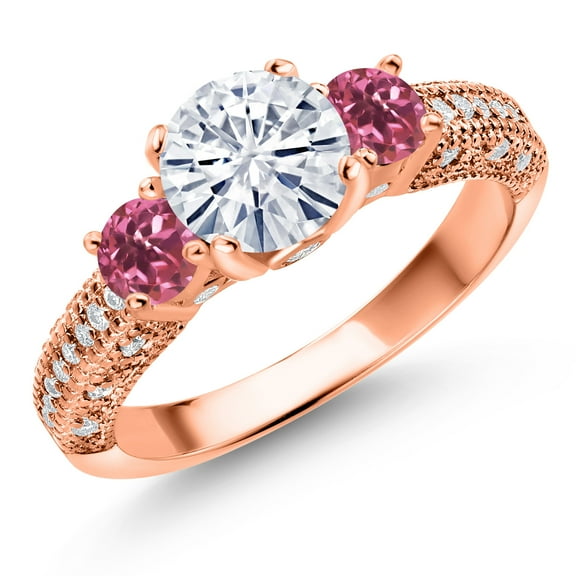 Gem Stone King 18K Rose Gold Plated Silver White Moissanite and Pink Tourmaline Engagement Ring for Women (1.78 Cttw, Gemstone, Round 7MM and 4MM, Size 7)