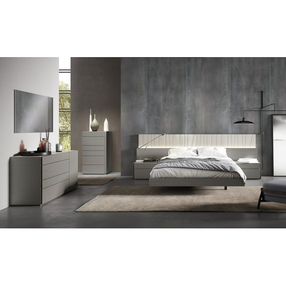 J&M Furniture Porto Premium Bedroom Set in Grey with 6 piece king bed, chest, dresser, mirror and 2 nightstand, king bedroom set