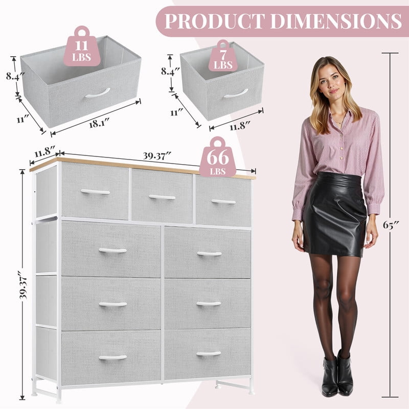 9 Drawers Dresser, Storage Dresser Organizer with Drawers, Chest of Drawers, Dresser with Metal Frame and Wood Tabletop for Bedroom, Guest Room, Closet, Entryway, Nursery, Light Gray