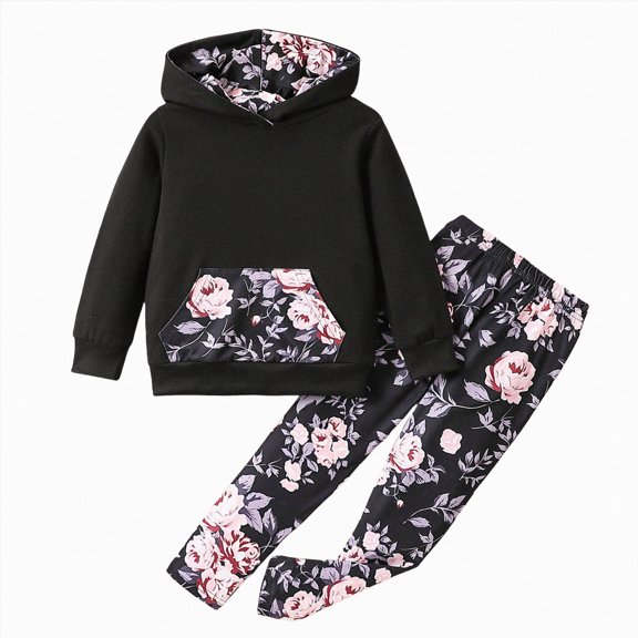 mgoYE Toddler Girl Clothes Hooded Sweatshirt Floral Pants 2Pcs Toddlers Girls Outfits Sweatsuits(Black,4-5 Years)