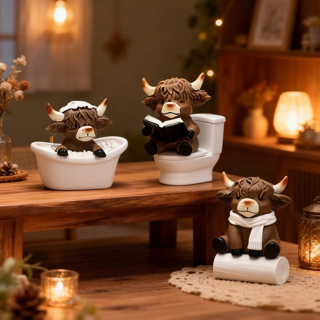 Lindo juego de figuras de vaca | Decoración de resina de 3 piezas para el hogar, escritorio o regalo | Estilos de bufandas para leer y bañarse | Adorables adornos de animales para sala de estar,