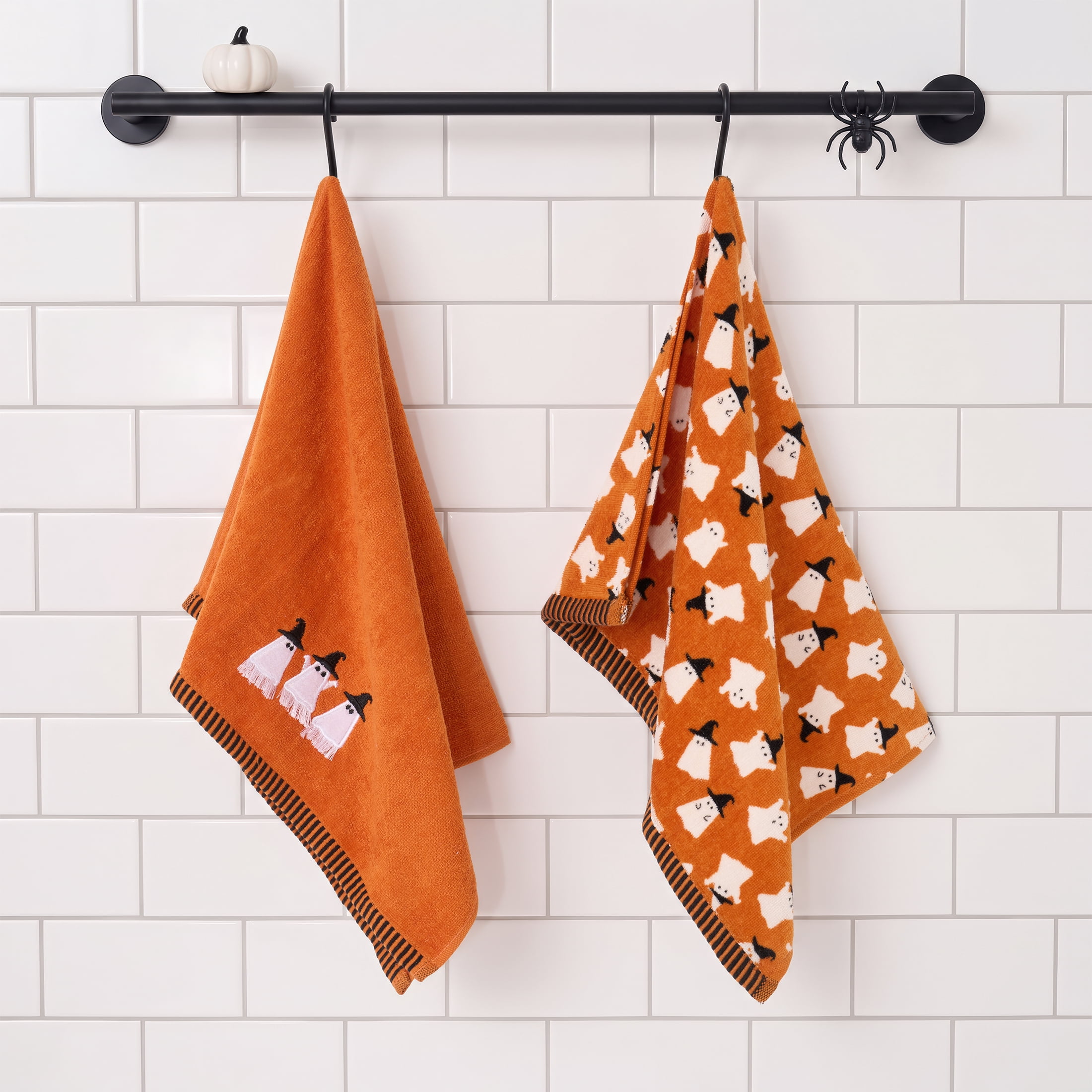 Evergrace Halloween 2 Piece Hand Towel Set, 100% Cotton, Ghost, Orange 16"x26"