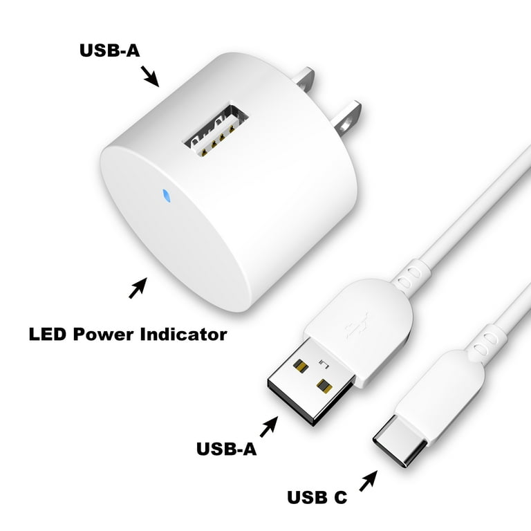 onn. Wall Charging Kit with USB-C to USB Cable, White,cell phone charger,90  degree folding plug,LED power indicator 