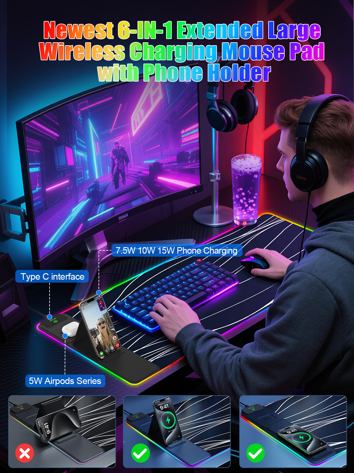 Miroddi Wireless Charging RGB Mouse Pad, 31.5"x15.75" Large Desk Pad Rubber, 15W Fast Charging LED Desk Mat for iPhone Airpods Gaming Home Office