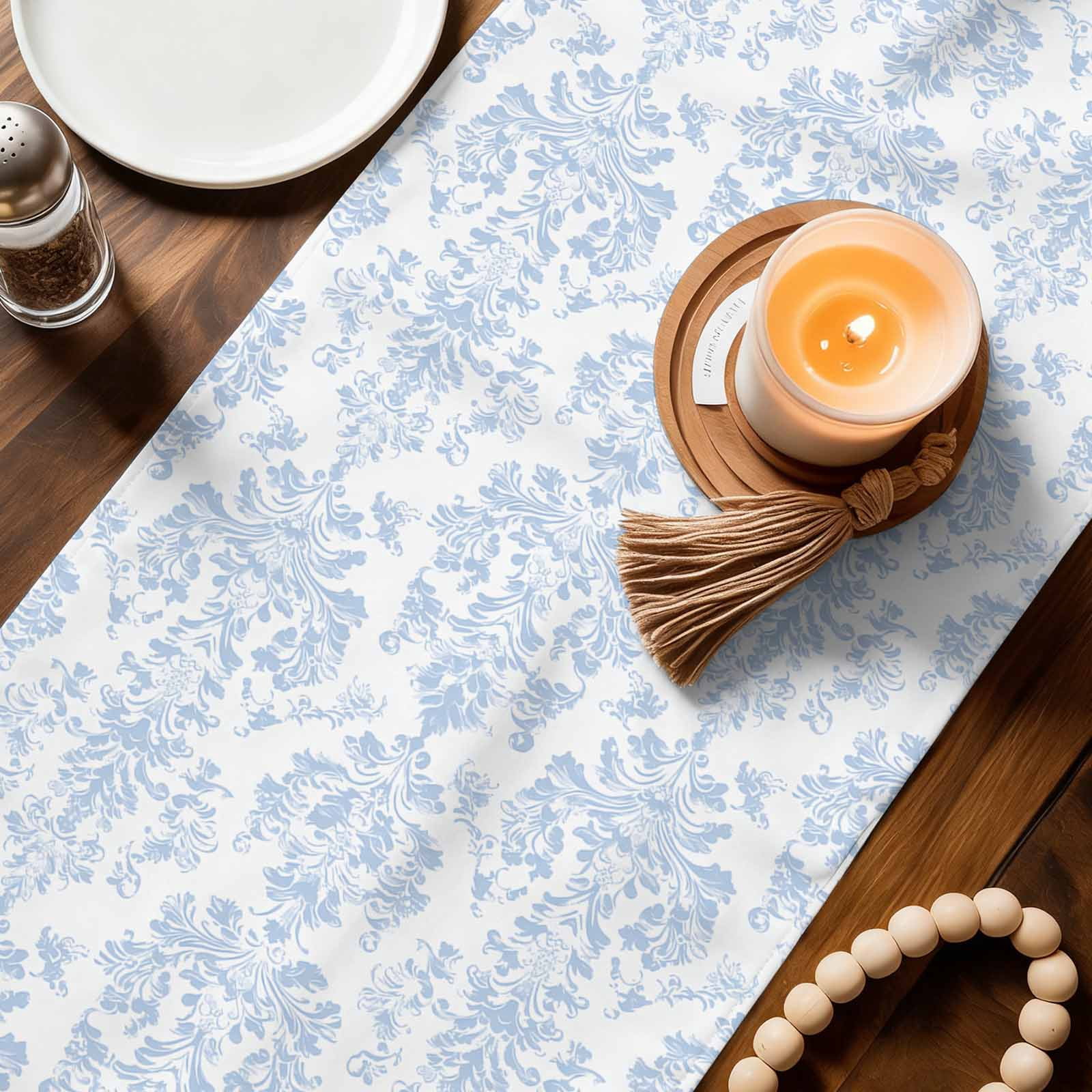 Blue Boho Floral Table Runner Linen Burlap Table Runner 72 Inches Long Farmhouse Middle Century Flowers Dresser Scarves for Kitchen Island Coffee Dining Party Wedding Banquet Holiday Decor 18"x72"