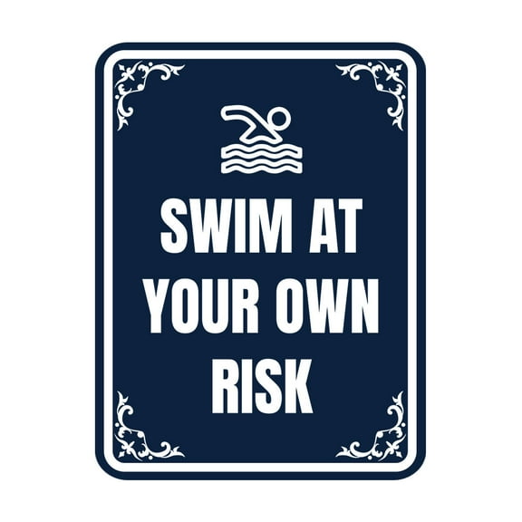 Signs ByLITA Portrait Round Swim At your own risk Door or Wall Sign Durable ABS Plastic | Laser Engraved | Easy Installation | Elegant Design | Pool Safety Sign (Navy Blue / White) - Large