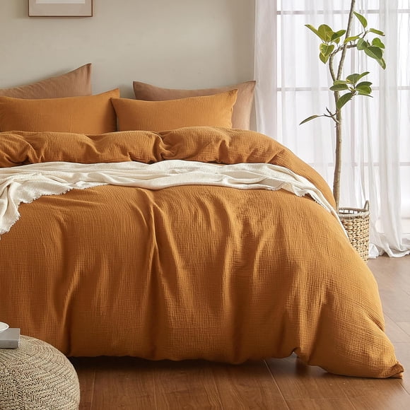 Muslin Duvet Cover Queen Size, 100% Washed Cotton Duvet Cover Set, Ultra Soft Comforter Cover Linen Like, 3 Pieces Minimalist Gauze Duvet Cover with 2 Pillowcases, 90"x90", Pumpkin