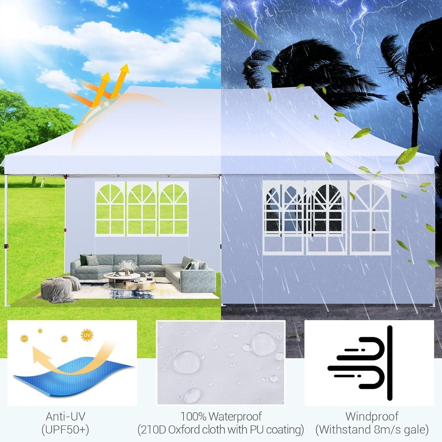 SANOPY 10'x20' Ez Pop up Canopy Party Tent with 6 Sidewalls, Waterproof and Sun Shelter Heavy Duty Canopy for Market with Carry Bag, White
