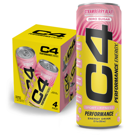 C4 Performance Energy Drink, Strawberry Blast, 12oz, 4 Pack Cans
