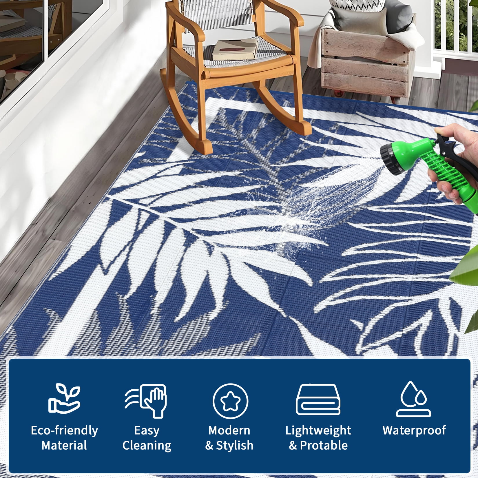 Garvee 8'x10' Waterproof Outdoor Rug Leaf Pattern Bordered Plastic Patio Mat, Modern Reversible Non-Slip Outdoor Carpet for Camping, RV, Balcony, Porch, Picnic, Dark Blue and White