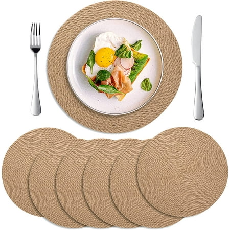 

DanceeMangoo 6 Pack Round Woven Placemats Natural Water Hyacinth Place mats Braided Straw Table Mats for Dining Table (13.8 inch)