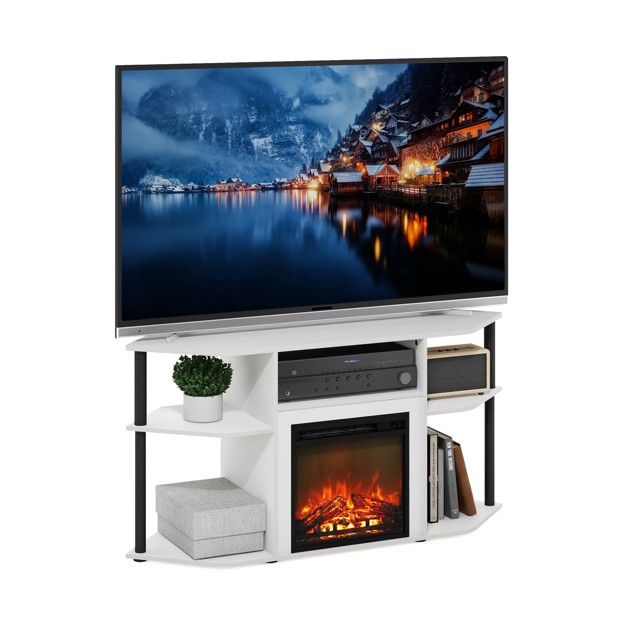 Furinno Jensen Open Storage Corner Fireplace TV Entertainment Center with Plastic Poles for TV up to 55 Inch, Solid White/Black