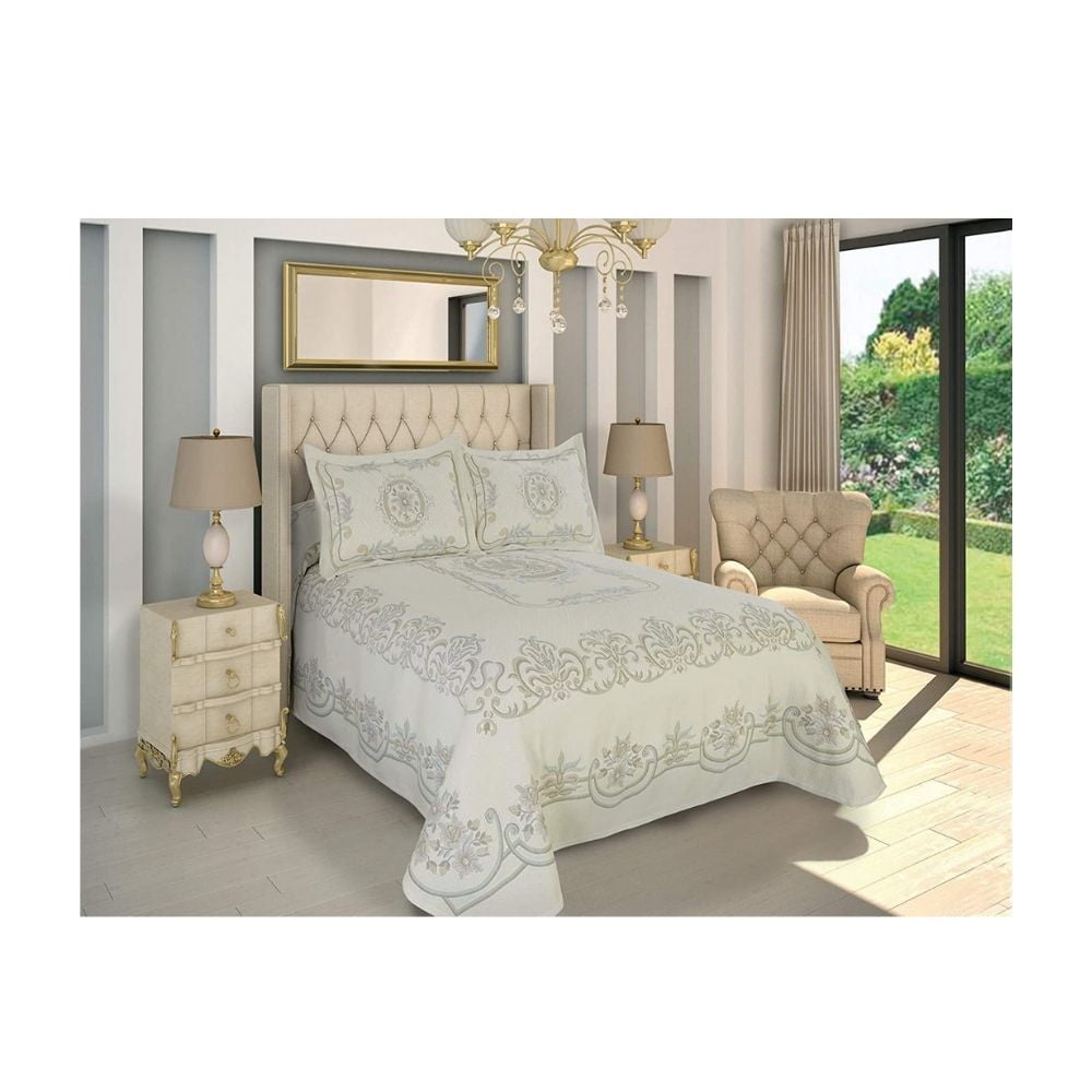 DORMIREAL Colcha Fatima Individual De Color Blanco Y Verde, Doble