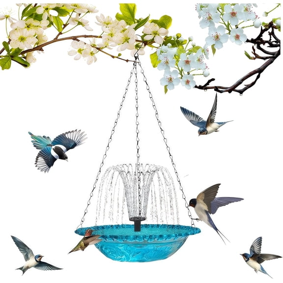 Hummingbird Water Fountain Solar Hanging Bird Bath with Glass Bowl, Solar Pump Cascade Fountain for Outdoor Garden Backyard Patio Lawn Bird Attraction