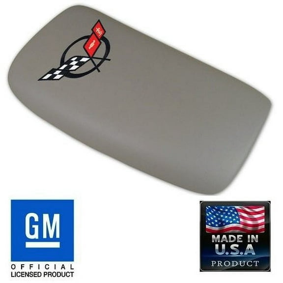 C5 Corvette Center Console Pad Lid Gray Leather with Black Cross Flag Embroidered Emblem Fits: All 97 through 04 Corvettes