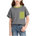 thumbnail image 2 of Teylalorva Girls Cotton T-Shirt with Pocket Crew Neck Short Sleeve Kids Summer Trendy Casual Tee Gray Size 8, 2 of 9